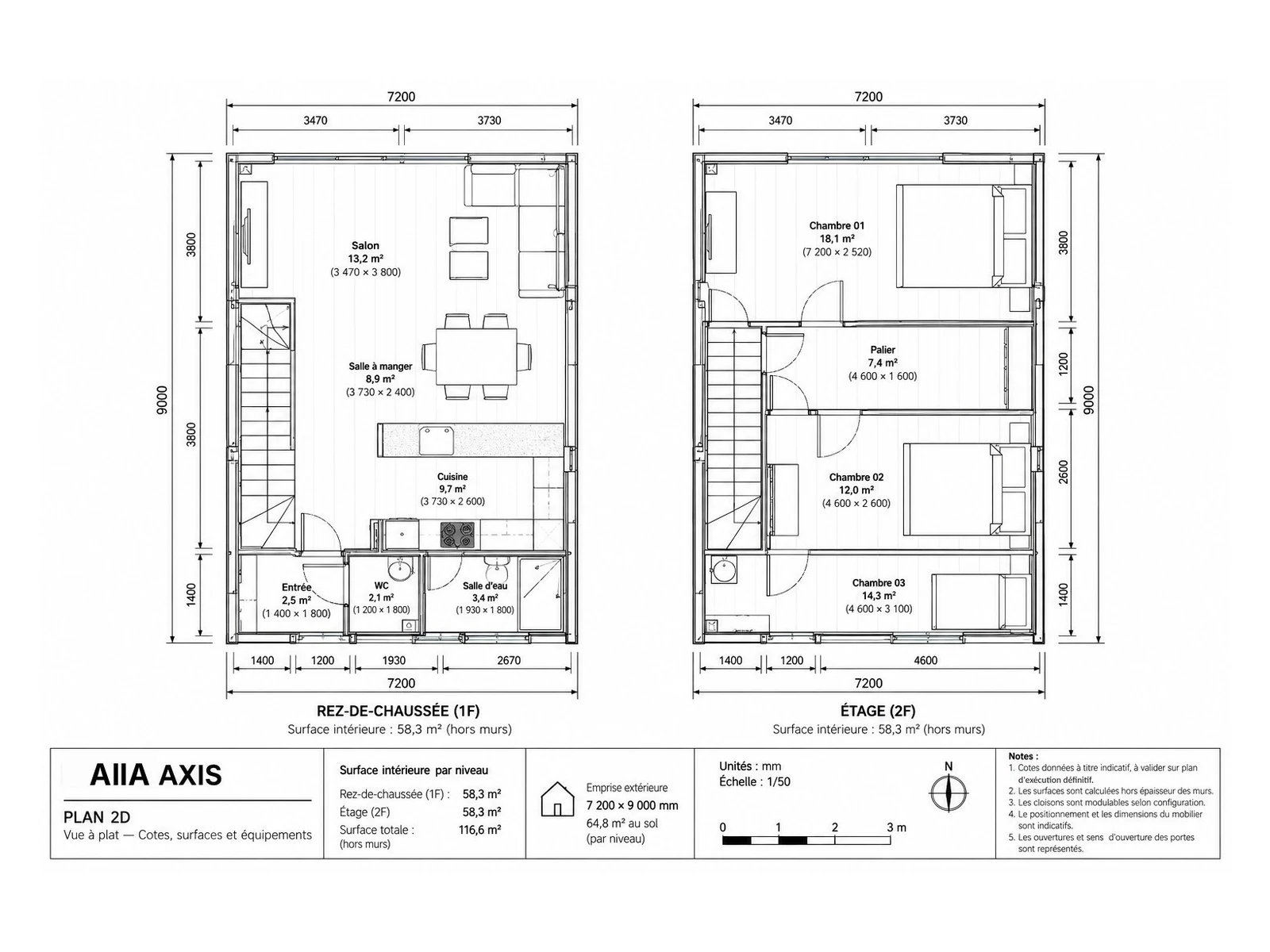 AIIA Axis, maison modulaire en A de 65 m² : plan 2D coté avec les surfaces