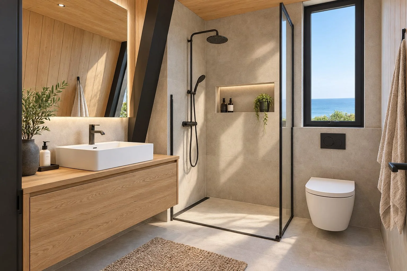 AIIA Axis, maison modulaire en A de 65 m² : salle de bain, rendu 3D