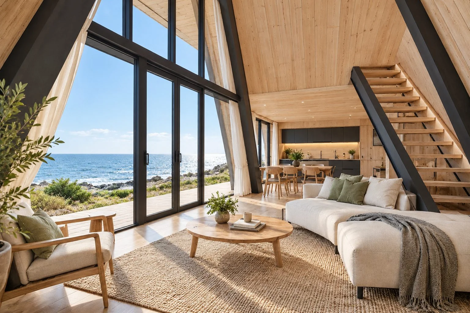 AIIA Axis, maison modulaire en A de 65 m² : séjour sous la charpente, rendu 3D