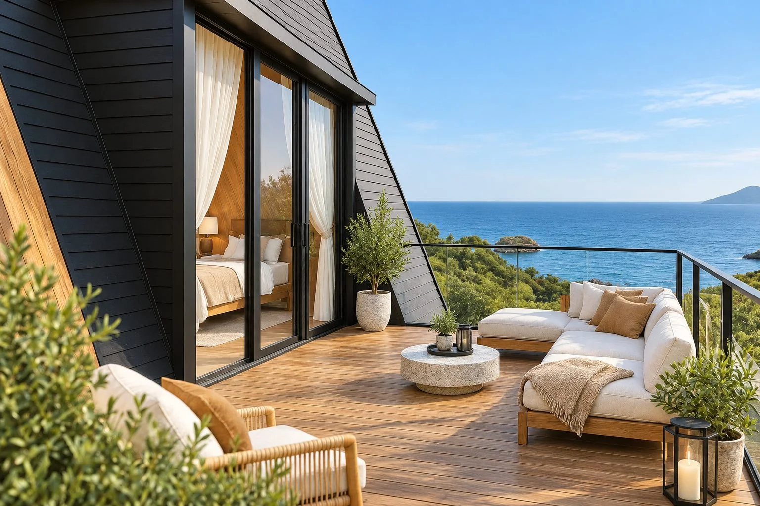 AIIA Axis, maison modulaire en A de 65 m² : terrasse suspendue, rendu 3D