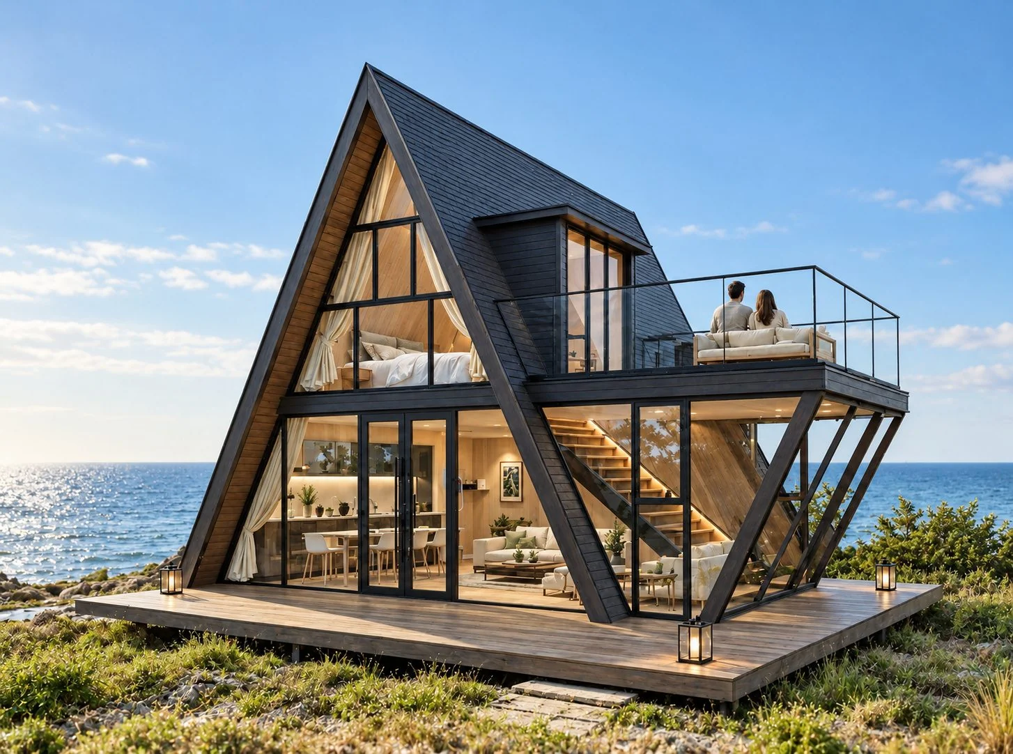 AIIA Axis, maison modulaire en A de 65 m², façade vitrée et terrasse suspendue face à la mer