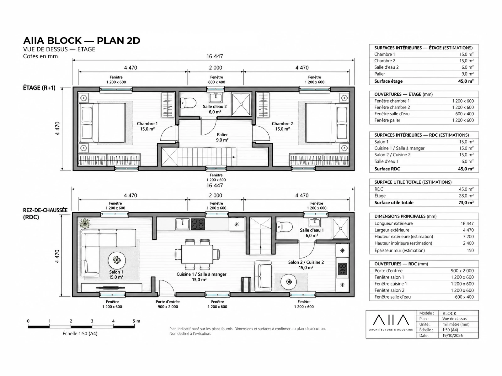 AIIA Block, maison modulaire de 73 m² : plan 2D coté