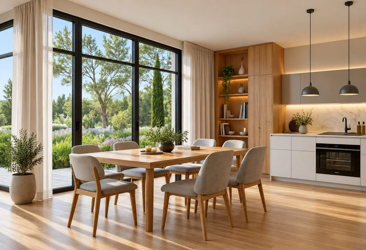 AIIA Court, maison modulaire de 160 m² : cuisine et coin repas, rendu 3D