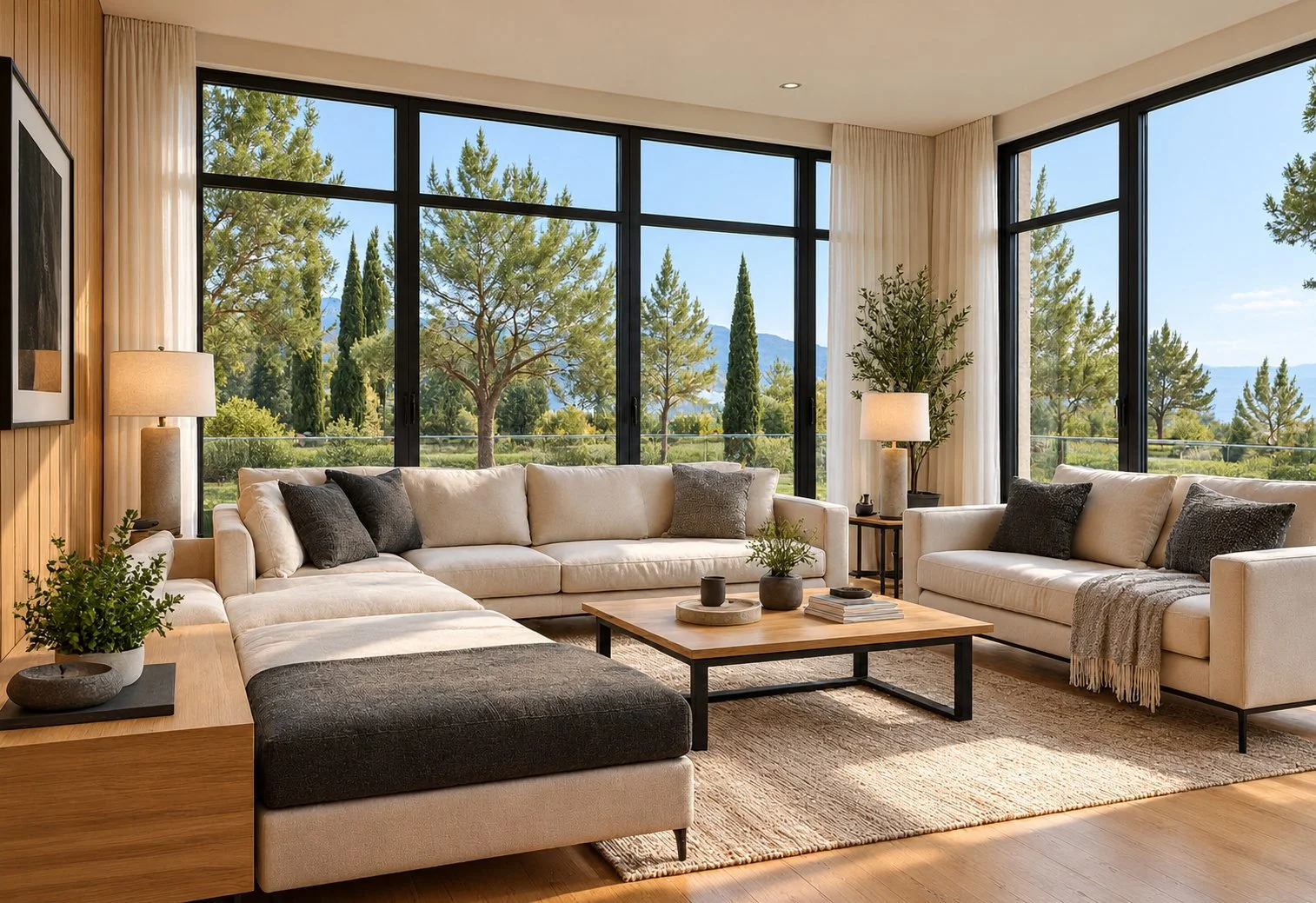 AIIA Court, maison modulaire de 160 m² : séjour, rendu 3D