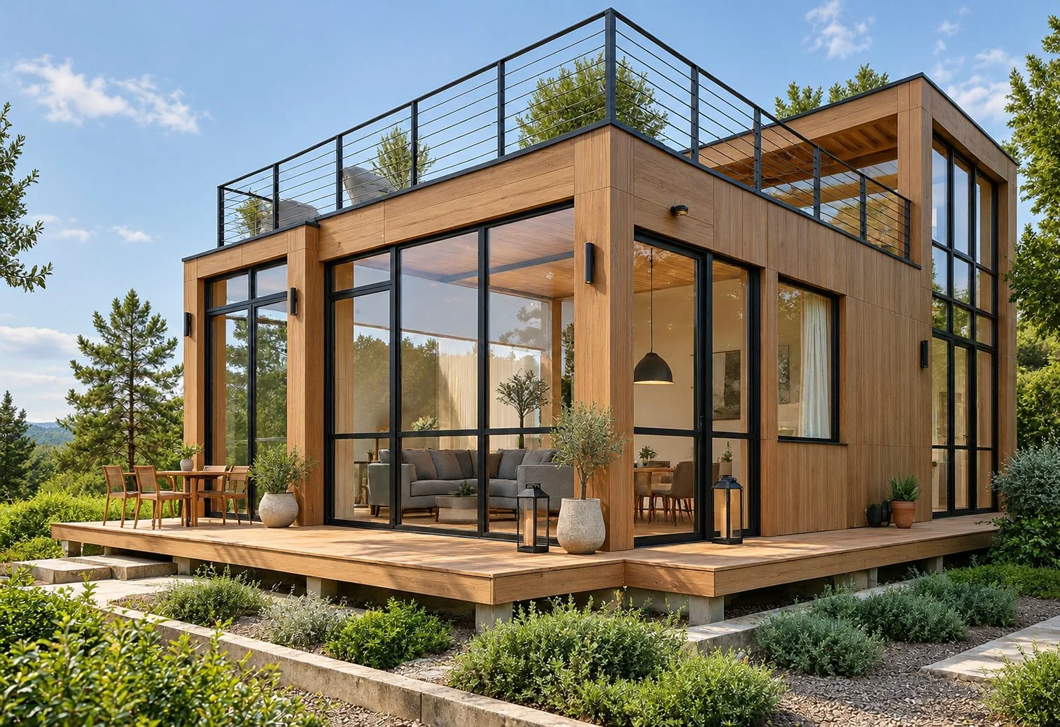 AIIA Court, maison modulaire de 160 m² : maison familiale sur deux niveaux, rendu 3D