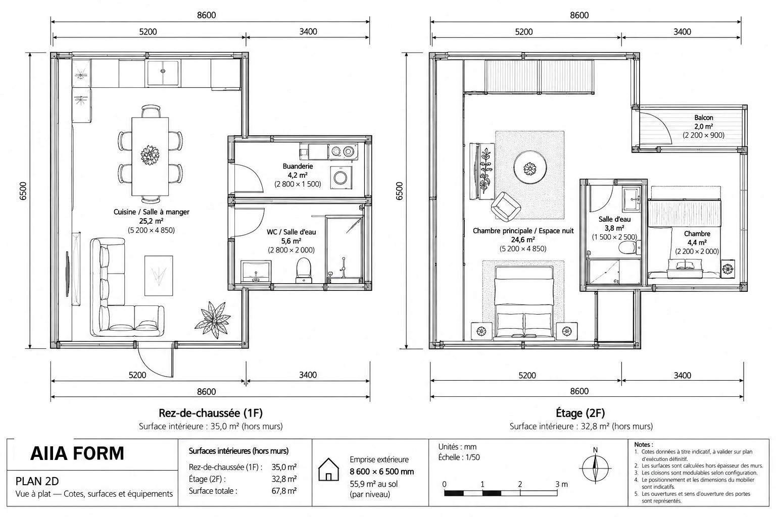AIIA Form, maison modulaire de 78 m² : plan 2D coté avec les surfaces