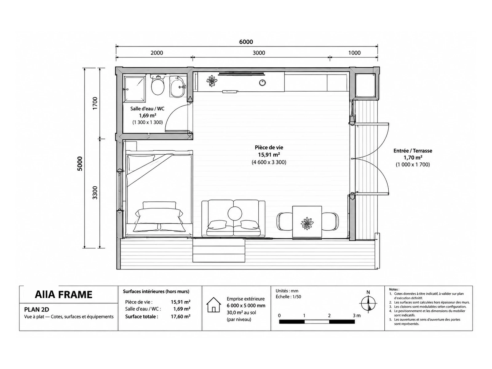 AIIA Frame, habitat Resort de 30 m² : plan 2D coté avec les surfaces