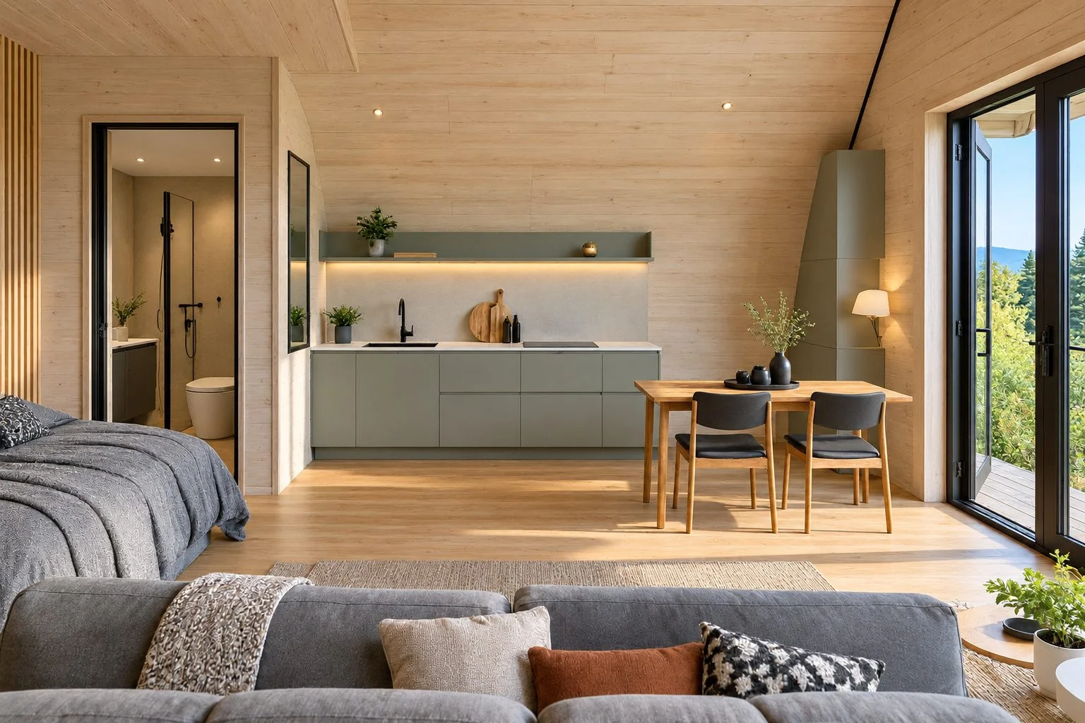 AIIA Frame, habitat Resort de 30 m² : séjour et coin cuisine, rendu 3D