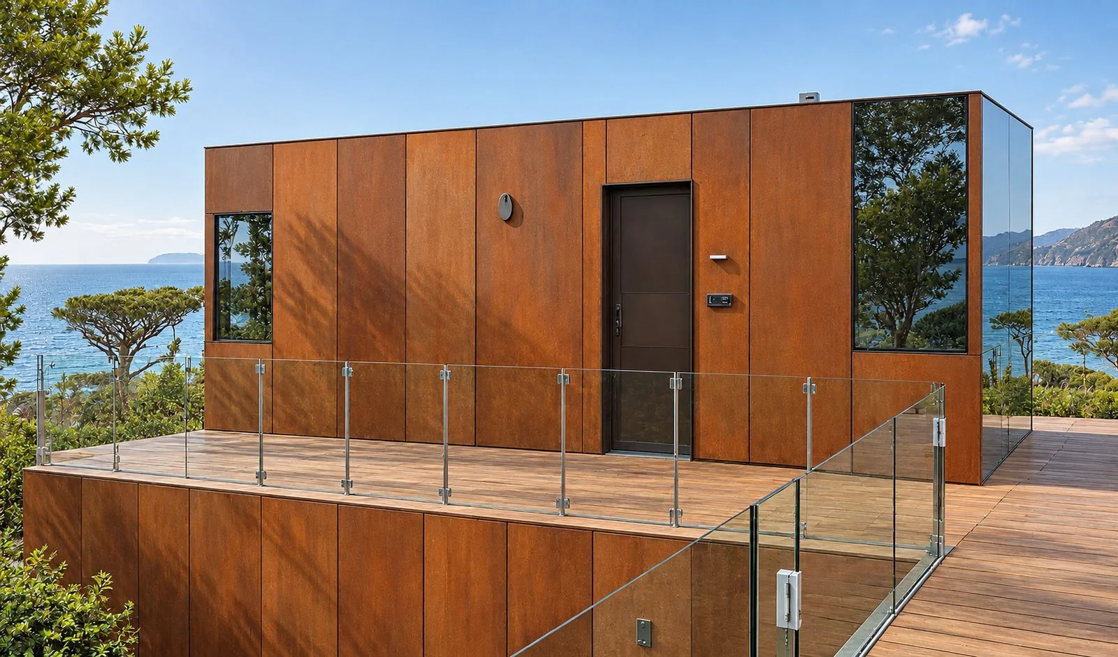 AIIA Glass, tiny house de 25 m² : façade et terrasse, rendu 3D