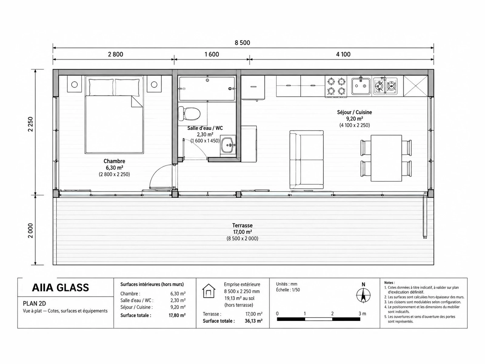 AIIA Glass, tiny house de 25 m² : plan 2D coté avec les surfaces