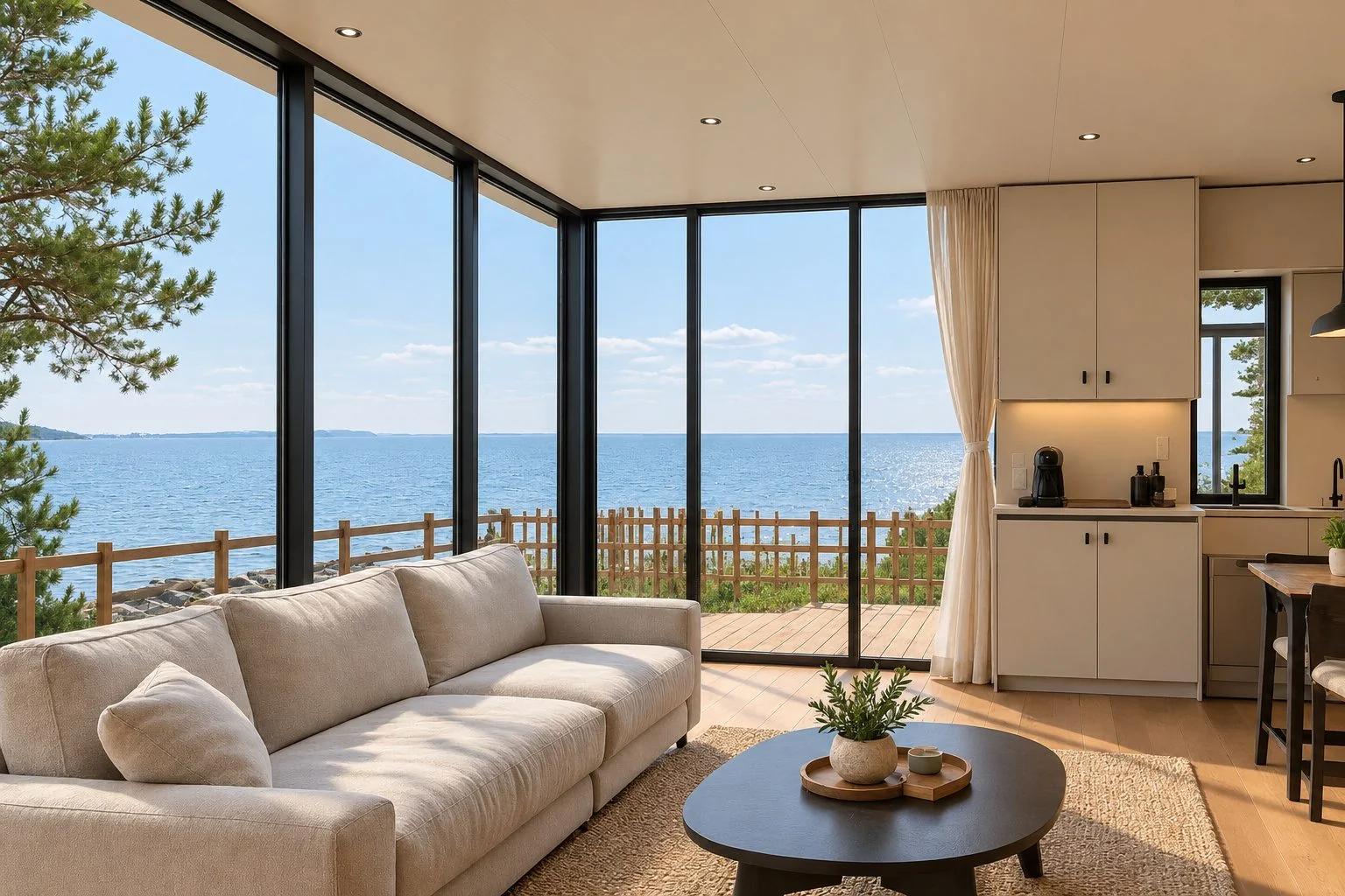 AIIA Glass, tiny house de 25 m² : séjour et cuisine, rendu 3D