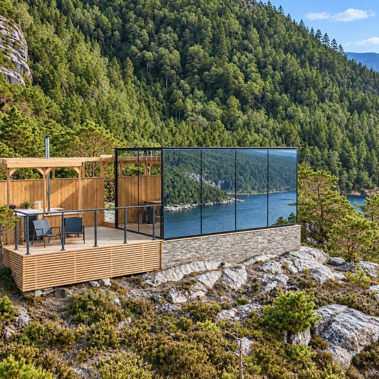 AIIA Glass, tiny house de 25 m² : tiny house entièrement vitrée posée sur un promontoire rocheux en forêt