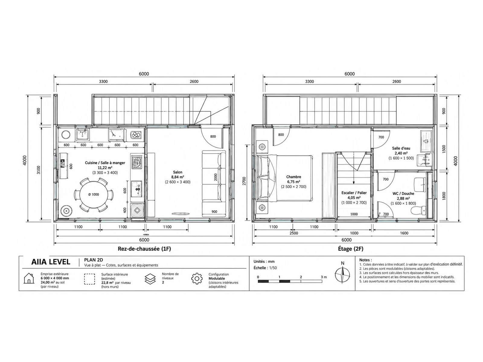AIIA Level, maison modulaire de 48 m² : plan 2D coté avec les surfaces