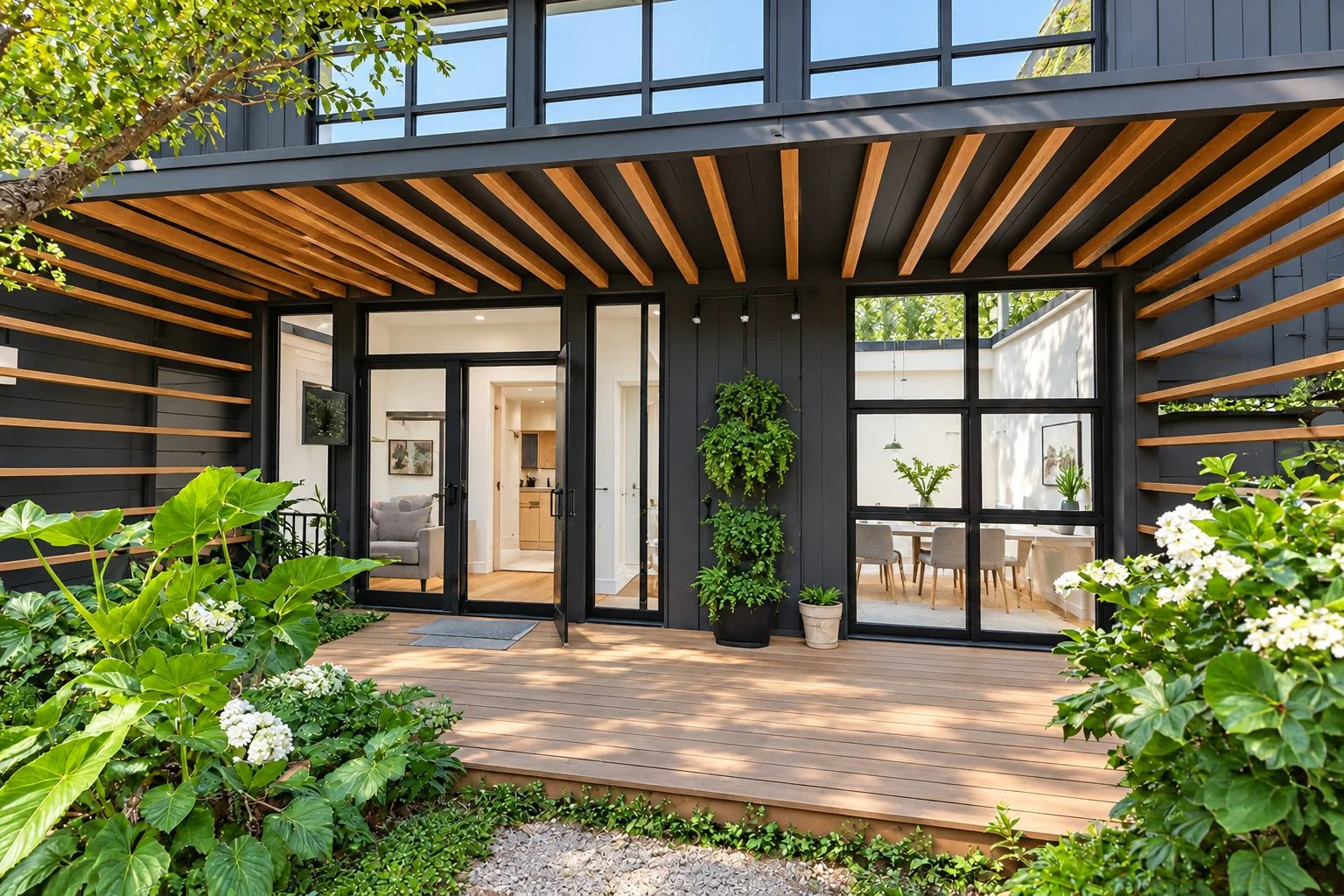 AIIA Level, maison modulaire de 48 m² : terrasse sous la pergola, rendu 3D