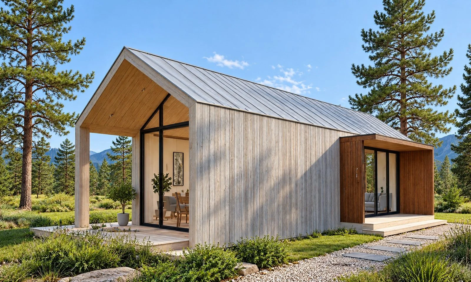AIIA Line, maison modulaire de 40 m² : maison modulaire à toit à deux pans et terrasse couverte, installée sur son terrain