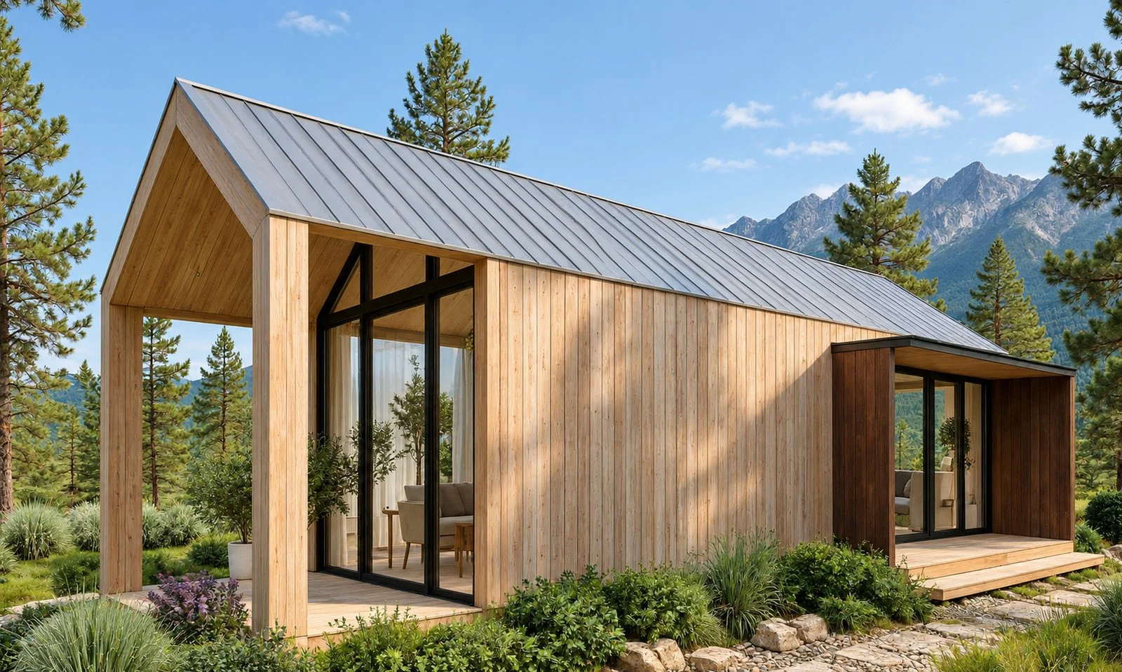AIIA Line, maison modulaire de 40 m² : maison modulaire à deux pans avec terrasse couverte