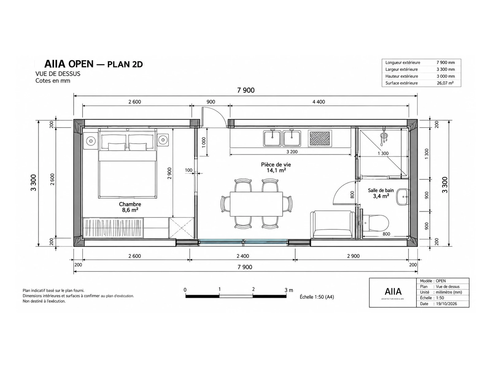AIIA Open, tiny house de 26 m² : plan 2D coté avec les surfaces
