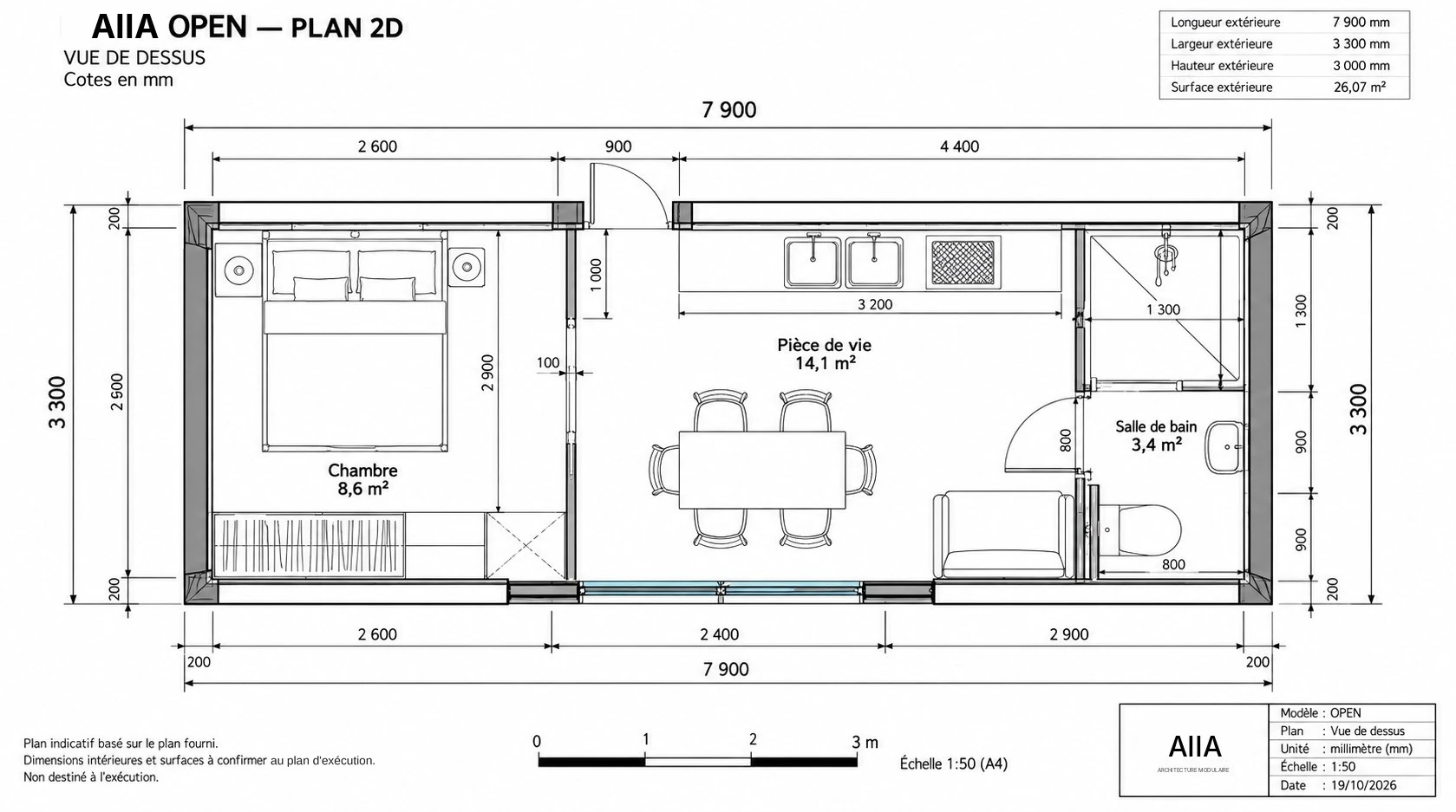 AIIA Open, tiny house de 26 m² : plan 2D coté avec les surfaces