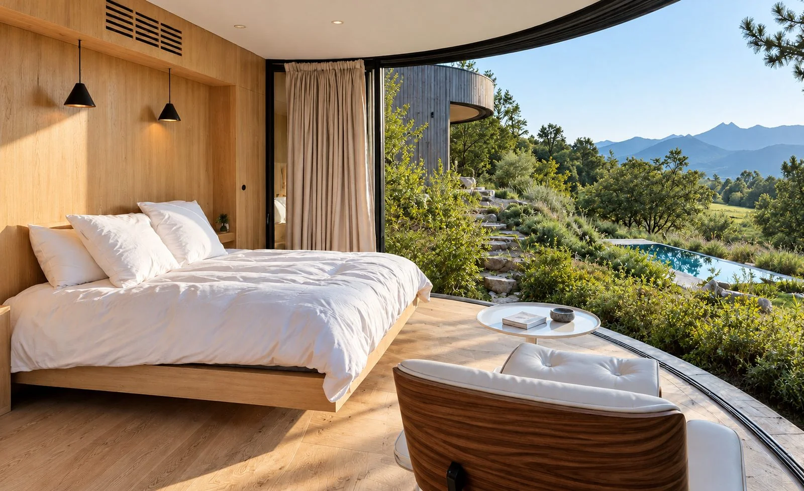 AIIA Pod, tiny house de 28 m² : chambre face au paysage, rendu 3D