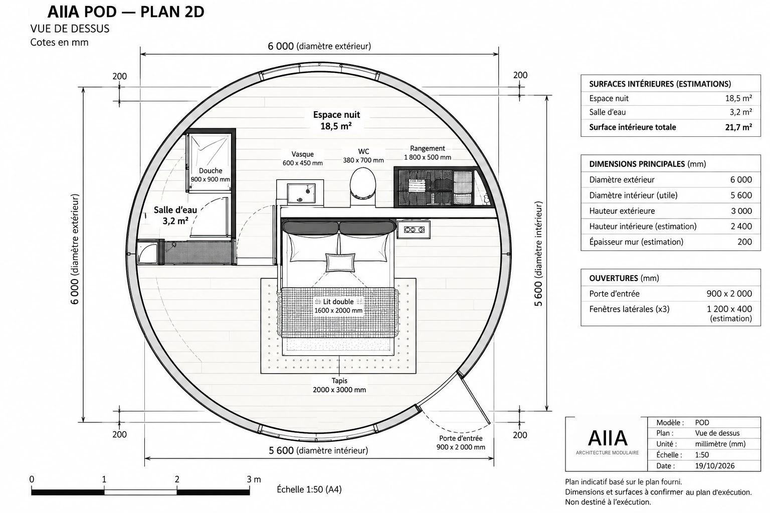 AIIA Pod, tiny house de 28 m² : plan 2D coté avec les surfaces