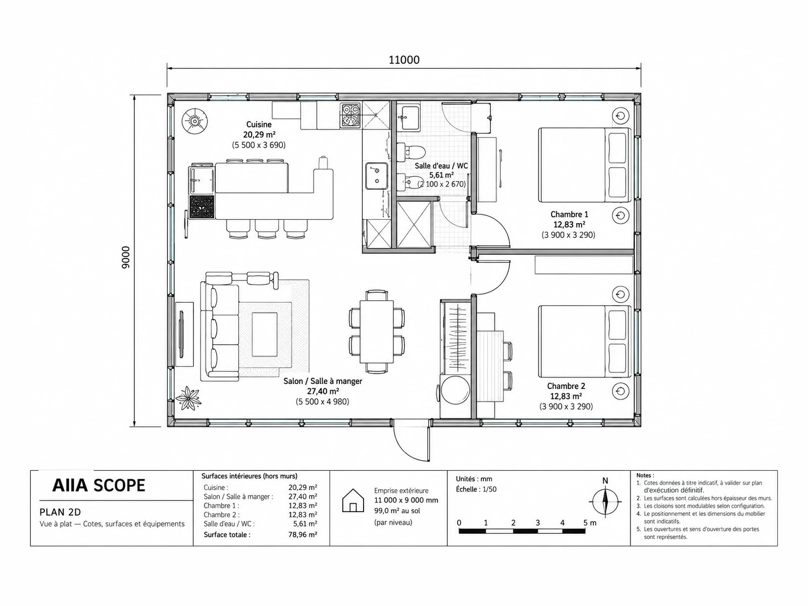 AIIA Scope, maison modulaire de 99 m² : plan 2D coté avec les surfaces