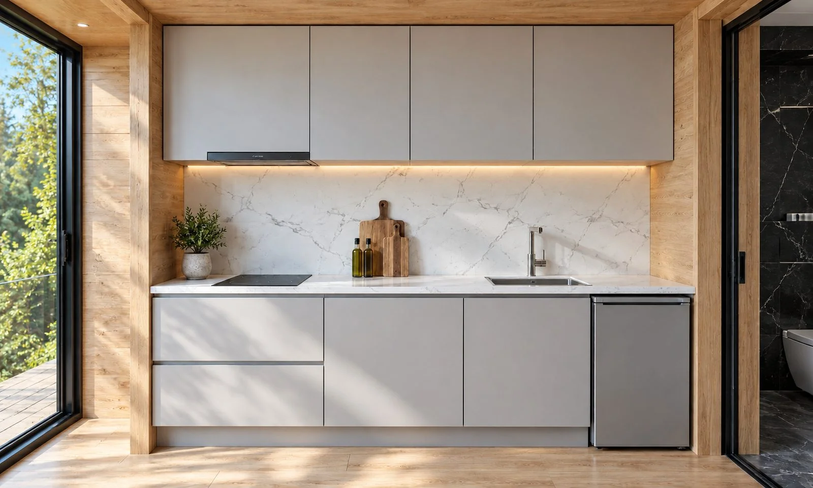 AIIA Span, tiny house de 27 m² : coin cuisine, rendu 3D