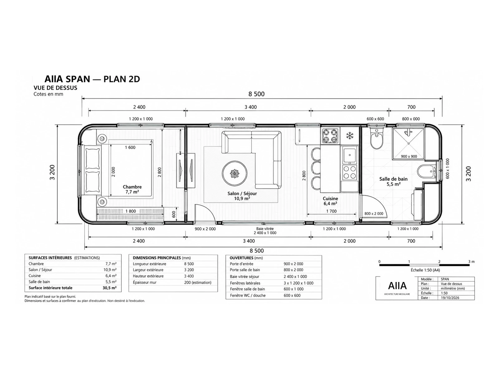 AIIA Span, tiny house de 27 m² : plan 2D coté avec les surfaces