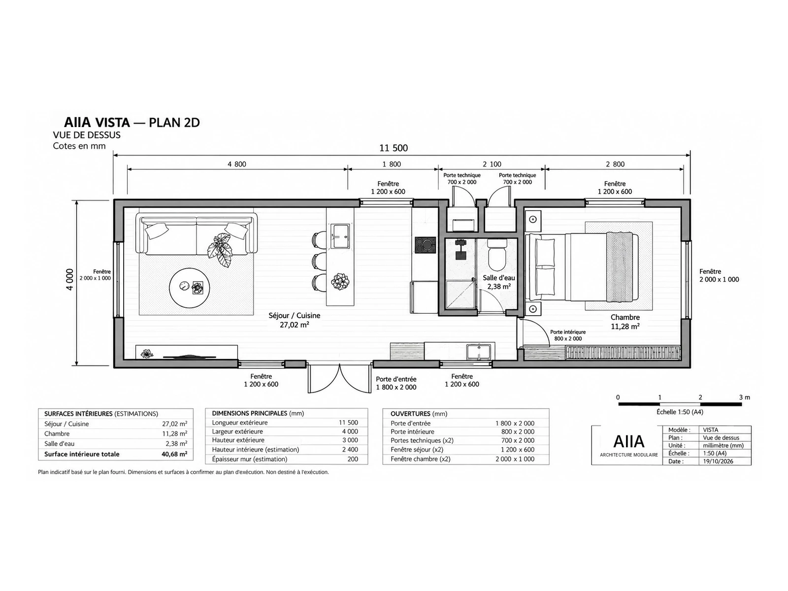 AIIA Vista, maison modulaire de 46 m² : plan 2D coté avec les surfaces